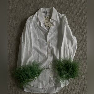 Zara Blouse with green feather sleeves